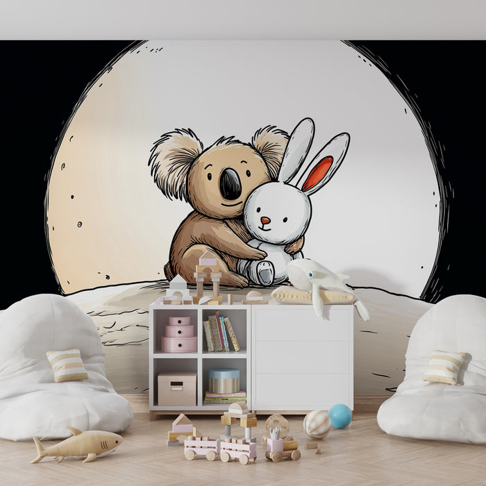 Papier peint chambre bébé | Petit koala et lapin sur la lune