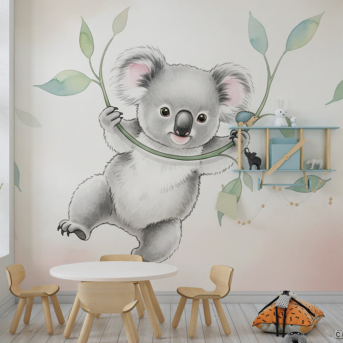 Papel pintado infantil | Pequeño koala suspendido y hojas delicadas