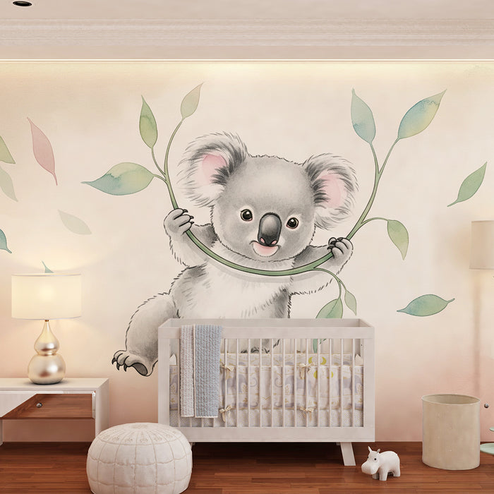 Papel pintado infantil | Pequeño koala suspendido y hojas delicadas