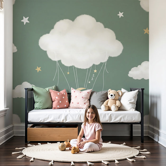 Papier peint chambre bébé | Petit lapin endormi sur la lune avec nuages et étoiles