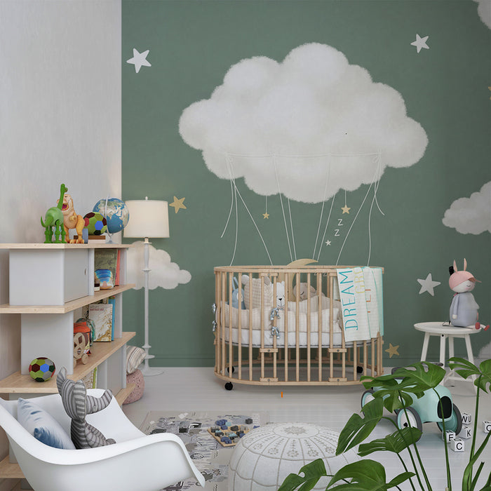 Papier peint chambre bébé | Petit lapin endormi sur la lune avec nuages et étoiles