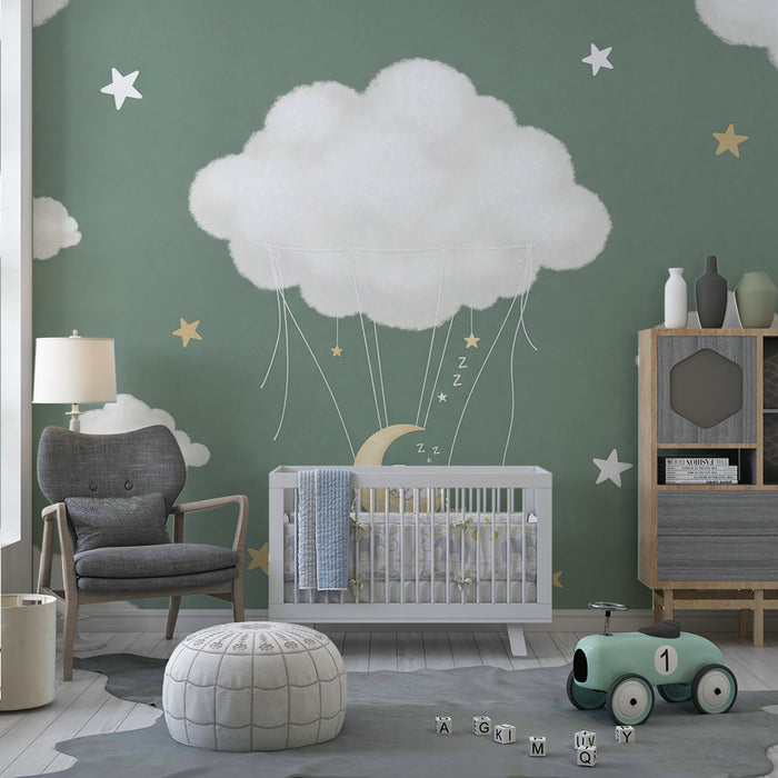 Papier peint chambre bébé | Petit lapin endormi sur la lune avec nuages et étoiles