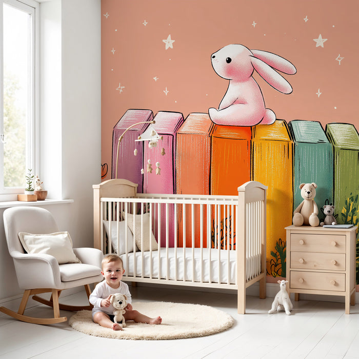 Babykamer behang | Kleine konijn en kleurrijke plank