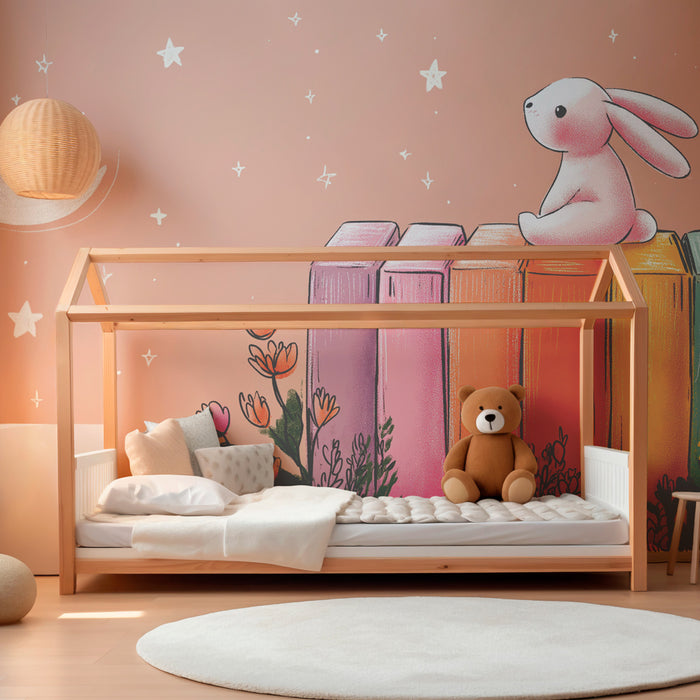 Babykamer behang | Kleine konijn en kleurrijke plank