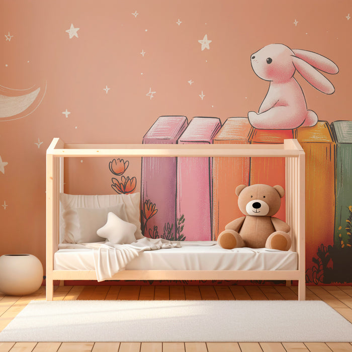 Babykamer behang | Kleine konijn en kleurrijke plank