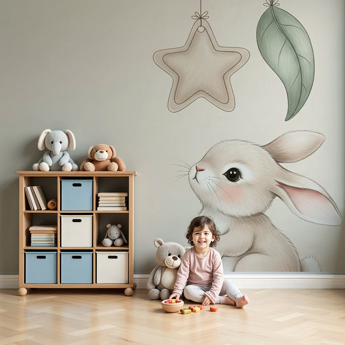 Papier peint chambre bébé | Petit lapin et étoiles suspendues