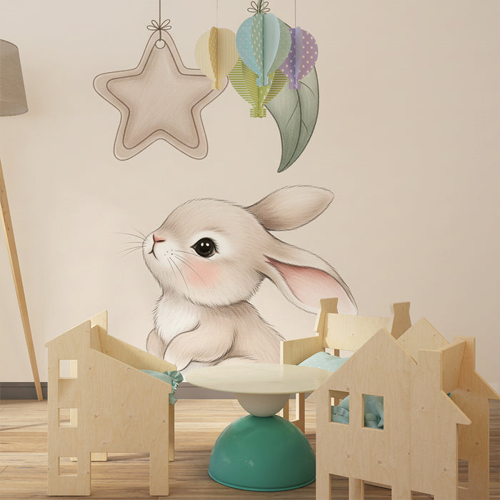 Papier peint chambre bébé | Petit lapin et étoiles suspendues