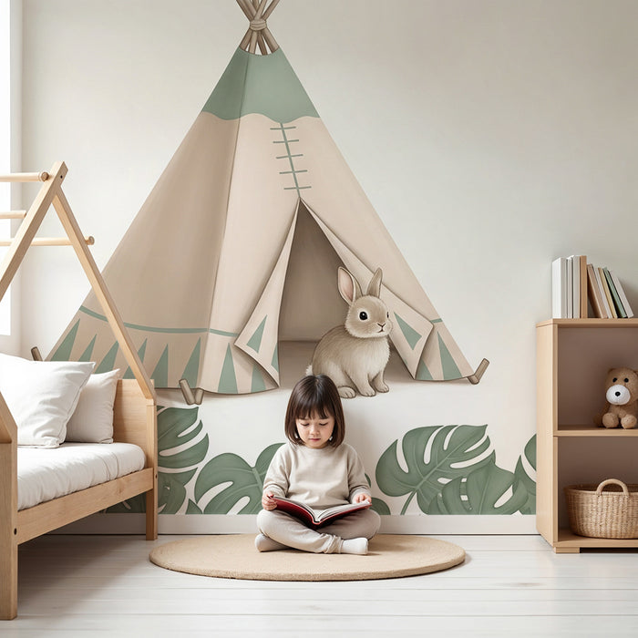 Papier peint chambre bébé | Petit lapin et tipi dans la jungle