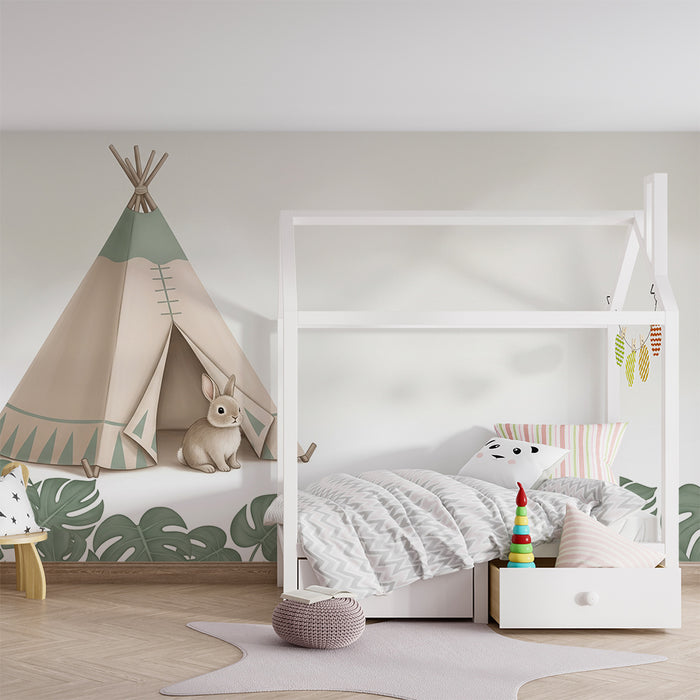 Papier peint chambre bébé | Petit lapin et tipi dans la jungle
