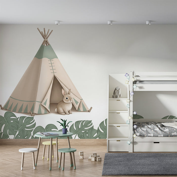 Papier peint chambre bébé | Petit lapin et tipi dans la jungle