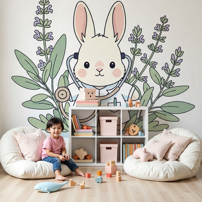 Carta da parati bambini | Piccolo coniglio medico in mezzo alle piante