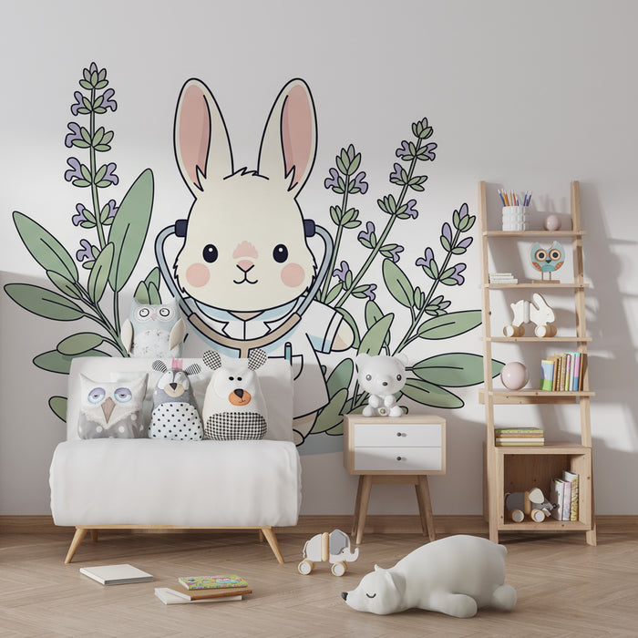 Carta da parati bambini | Piccolo coniglio medico in mezzo alle piante