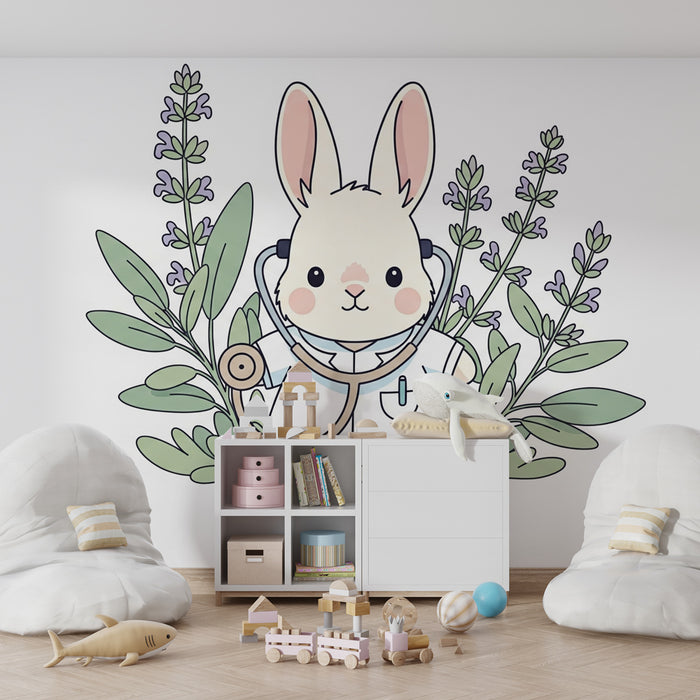 Carta da parati bambini | Piccolo coniglio medico in mezzo alle piante