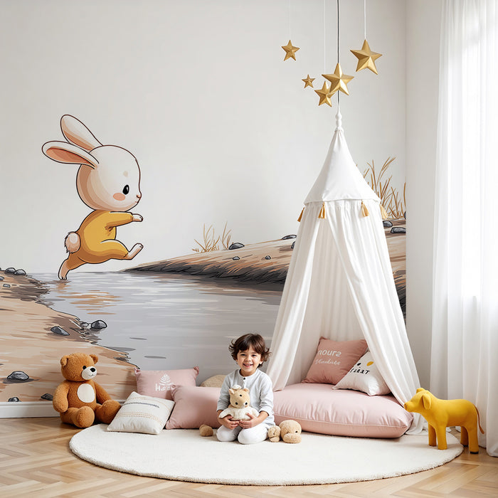 Nursery room wallpaper | Kis nyuszi ugrál egy patak mellett