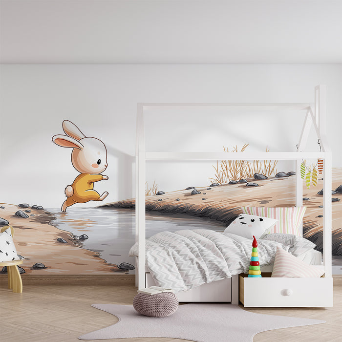 Nursery room wallpaper | Kis nyuszi ugrál egy patak mellett