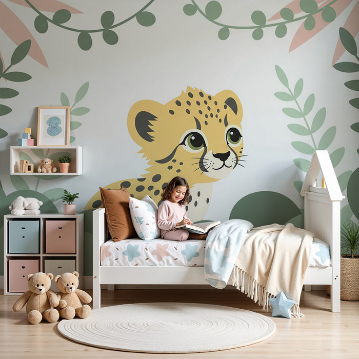 Papier peint chambre bébé | Petit léopard curieux dans un décor végétal apaisant