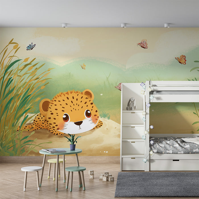 Papier peint chambre bébé | Petit léopard curieux dans un paysage ensoleillé