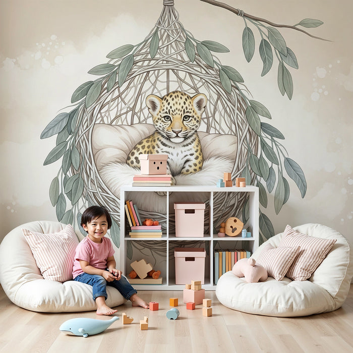 Papier peint chambre bébé | Petit léopard dans son nid