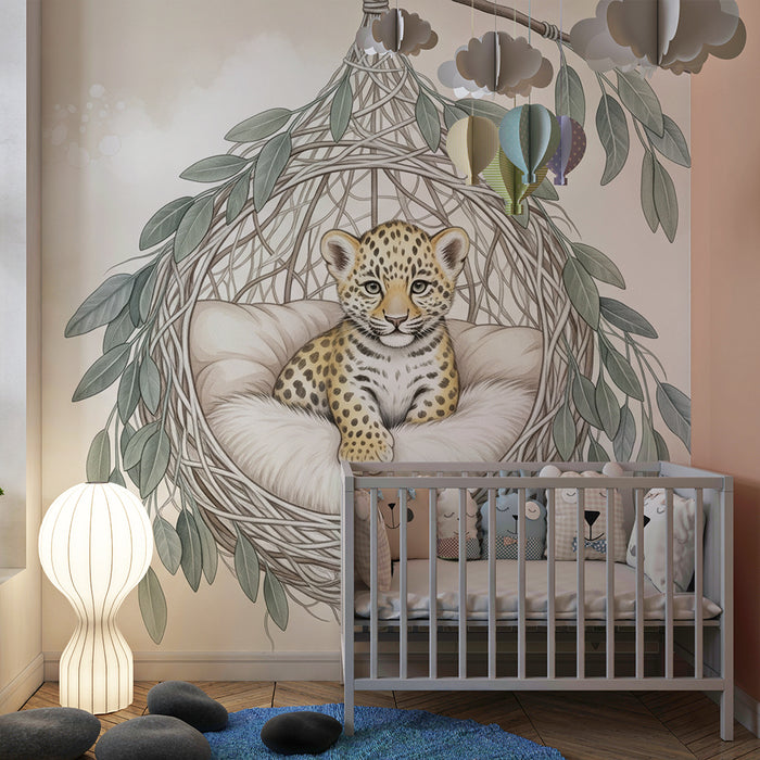 Papier peint chambre bébé | Petit léopard dans son nid