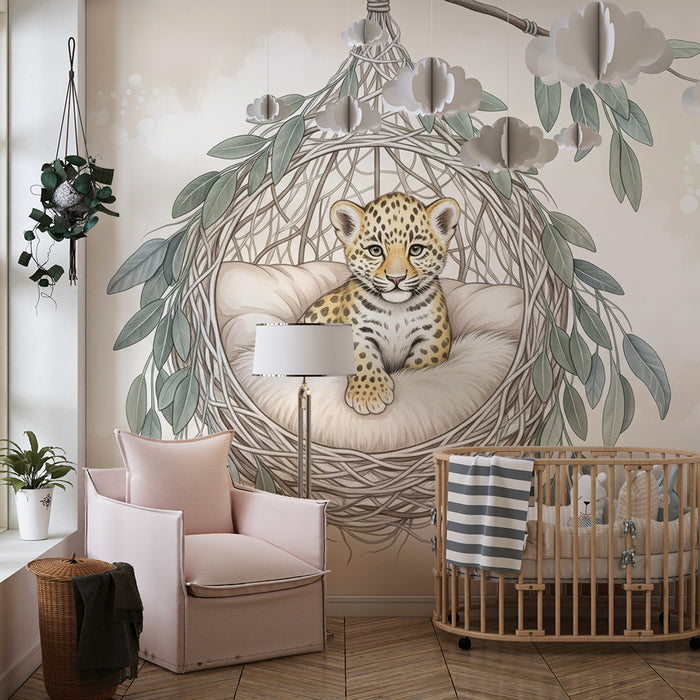 Papier peint chambre bébé | Petit léopard dans son nid