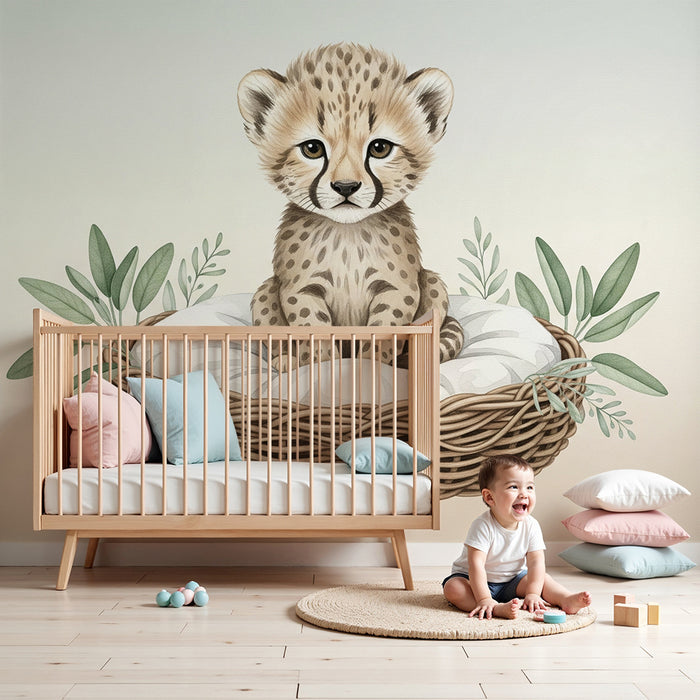Papier peint chambre bébé | Petit léopard dans son nid fond beige
