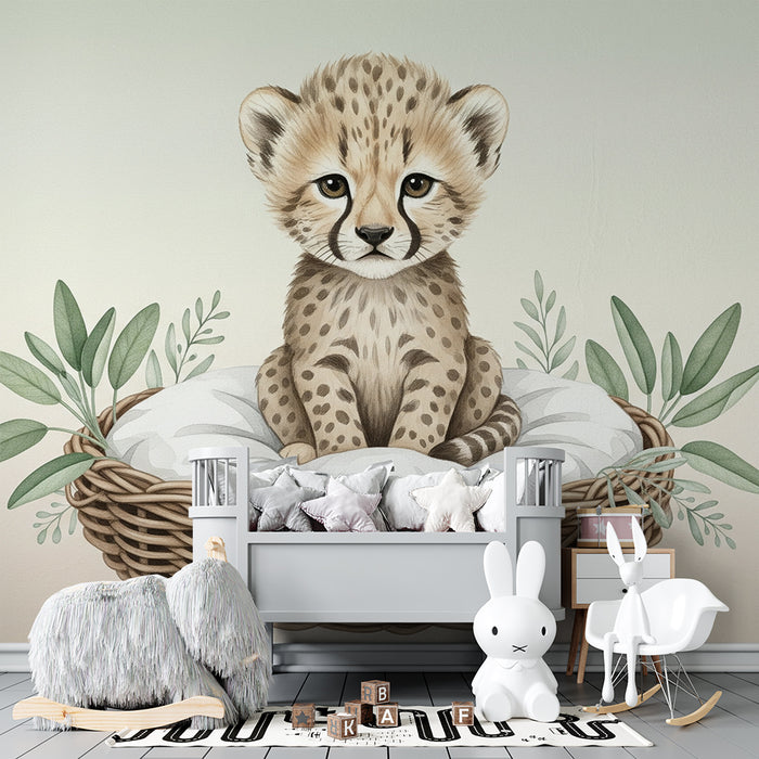 Papier peint chambre bébé | Petit léopard dans son nid fond beige