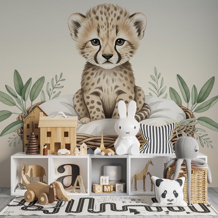 Papier peint chambre bébé | Petit léopard dans son nid fond beige