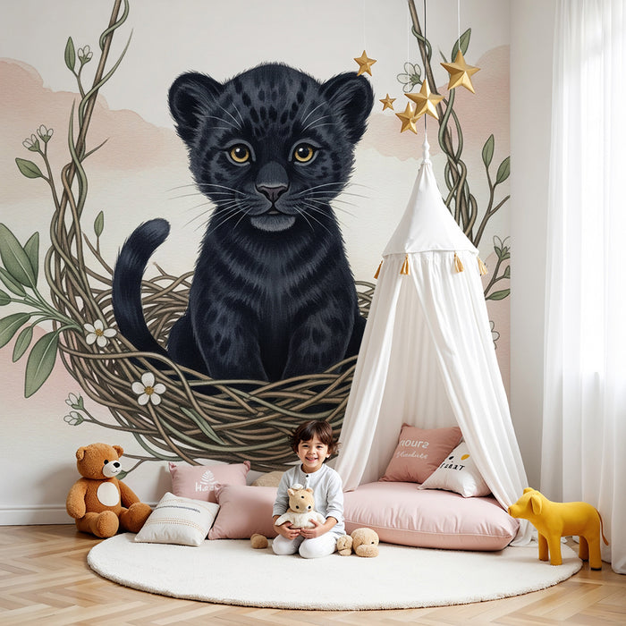 Papier peint chambre bébé | Petit léopard dans un nid
