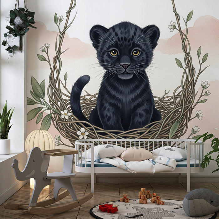 Papier peint chambre bébé | Petit léopard dans un nid