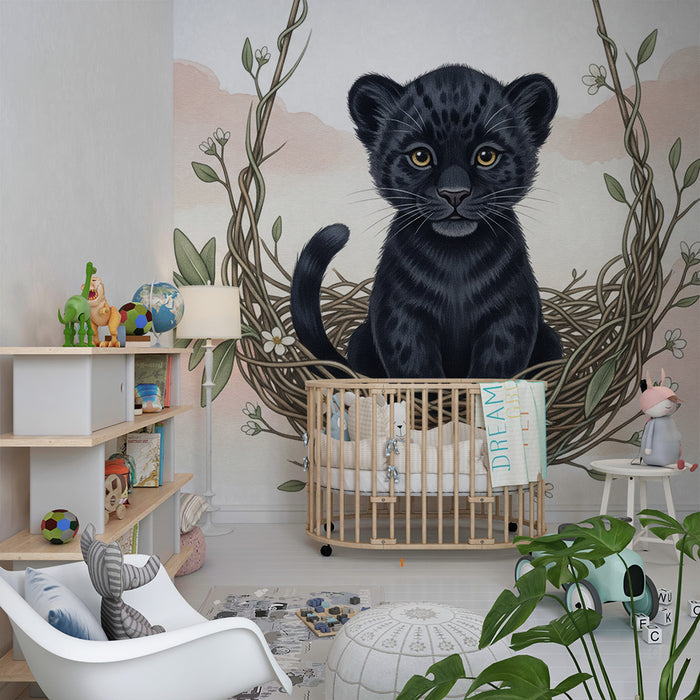 Papier peint chambre bébé | Petit léopard dans un nid
