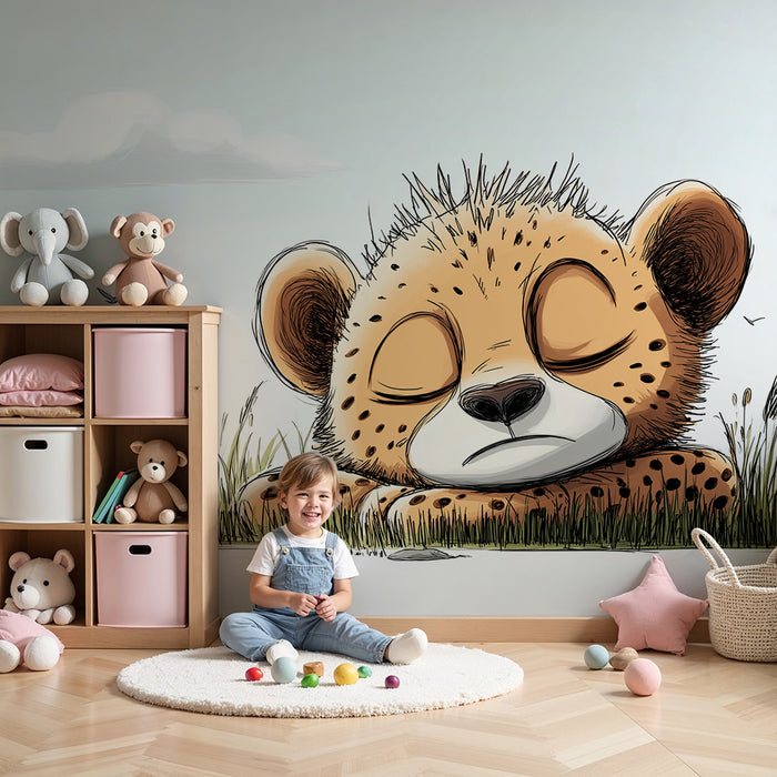 Børneværelse tapet | Lille sovende leopard i græsset