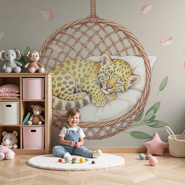Papier peint chambre bébé | Petit léopard endormi dans son panier