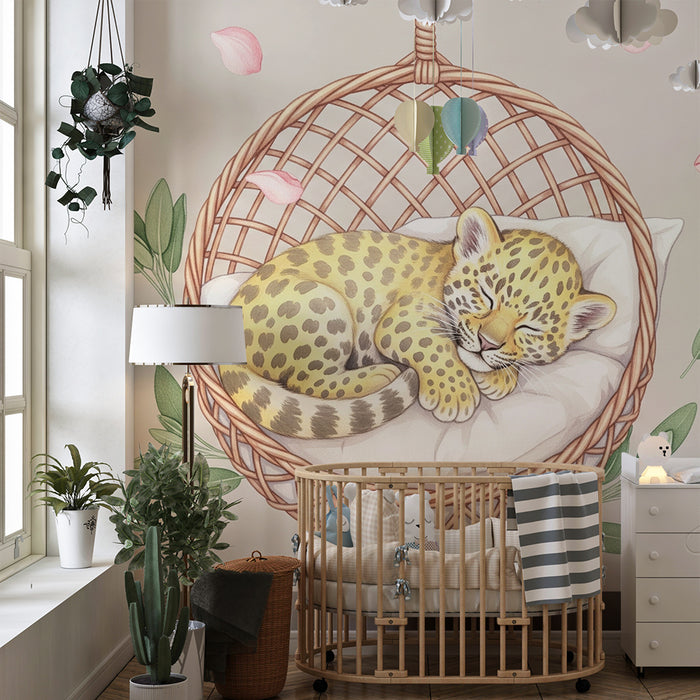 Papier peint chambre bébé | Petit léopard endormi dans son panier
