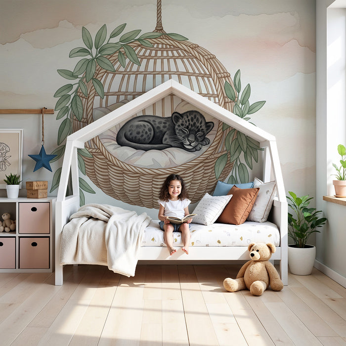 Børneværelse tapet | Lille sovende leopard i sin kurv på en baggrund af pastelfarver