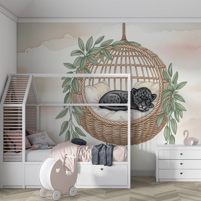 Børneværelse tapet | Lille sovende leopard i sin kurv på en baggrund af pastelfarver