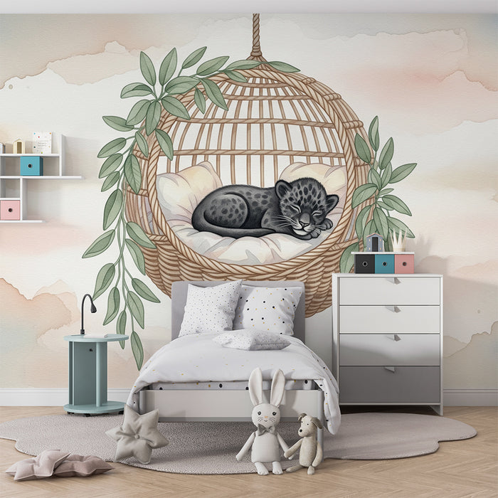 Børneværelse tapet | Lille sovende leopard i sin kurv på en baggrund af pastelfarver