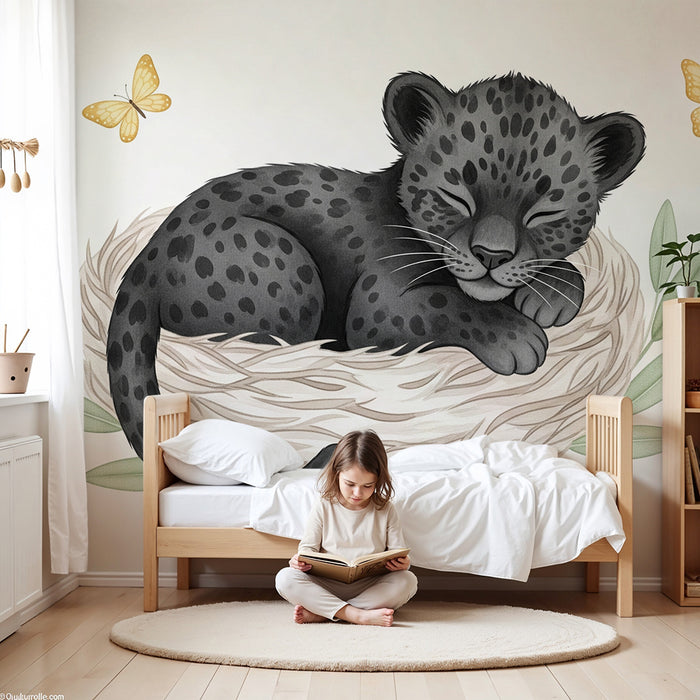 Papel pintado infantil | Pequeño leopardo dormido y mariposas doradas