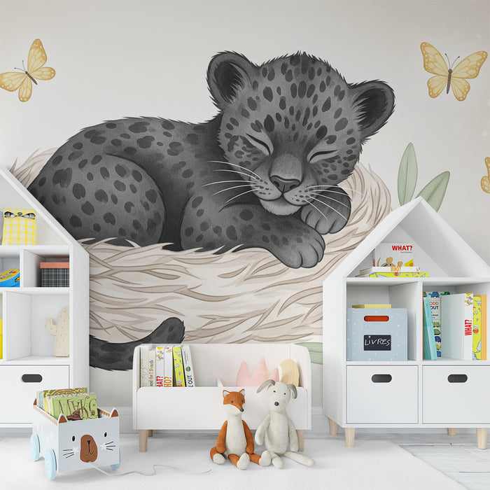 Papel pintado infantil | Pequeño leopardo dormido y mariposas doradas