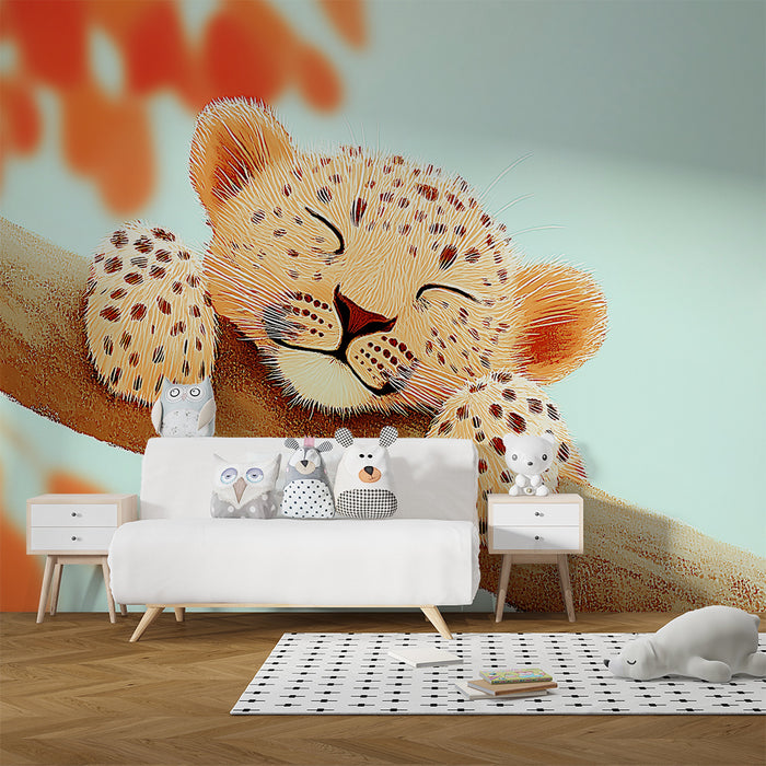 Papier peint chambre bébé | Petit léopard endormi sur une branche