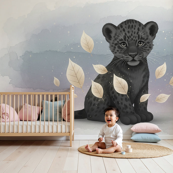 Babykamer behang | Kleine luipaard en gouden bladeren