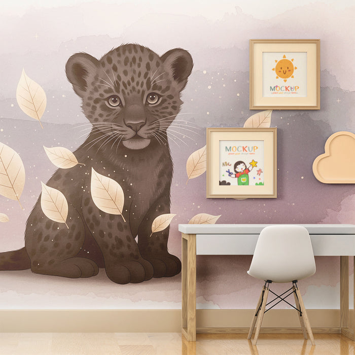 Babykamer behang | Kleine luipaard en gouden bladeren