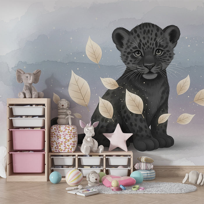 Babykamer behang | Kleine luipaard en gouden bladeren