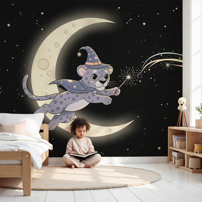 Tapet pentru camera de copii | Leopard mic magic pe lună cu stele strălucitoare