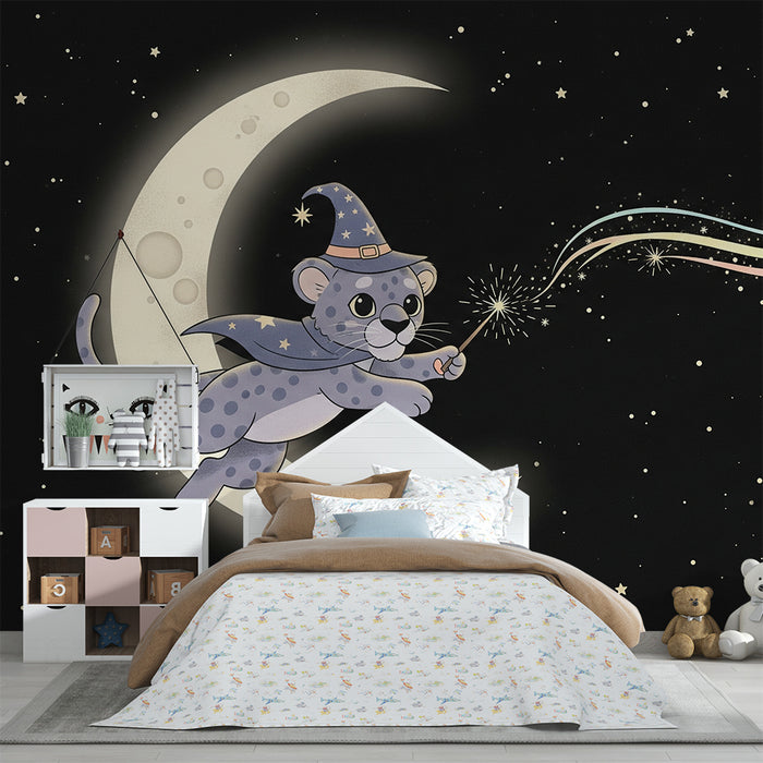 Tapet pentru camera de copii | Leopard mic magic pe lună cu stele strălucitoare