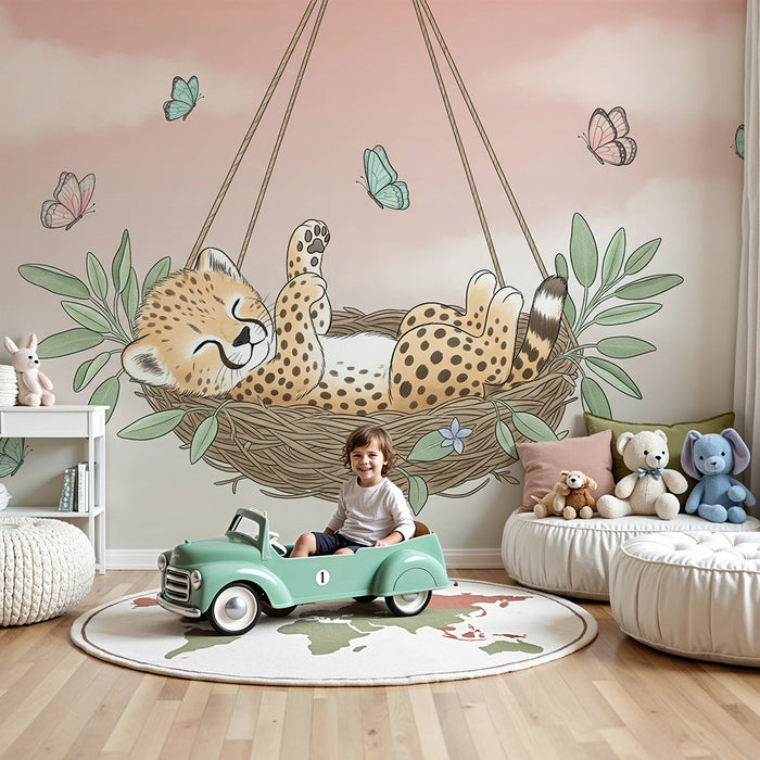 Papier peint chambre bébé | Petit léopard paisible dans son nid