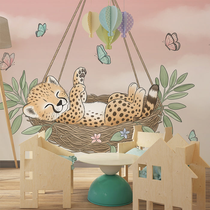 Papier peint chambre bébé | Petit léopard paisible dans son nid