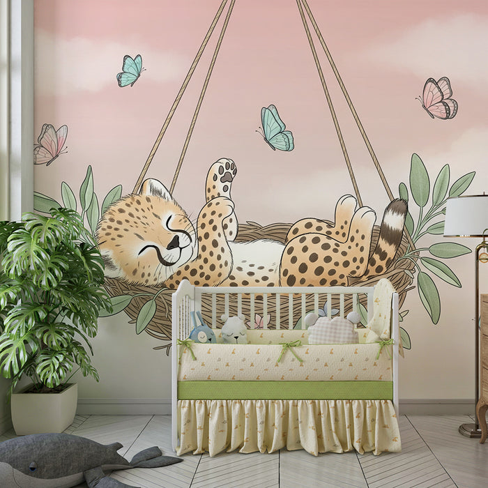 Papier peint chambre bébé | Petit léopard paisible dans son nid