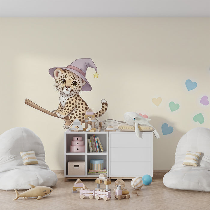 Papel de parede quarto bebê | Mali čarovnica leopard na metli z barvnimi srci