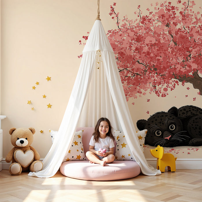 Papier de parede quarto bebê | Malý lev pod kvetoucím třešní podle