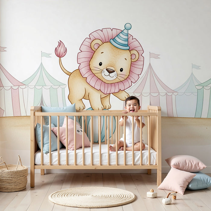 Papel de parede quarto bebê | Pequeno leão acrobata no circo